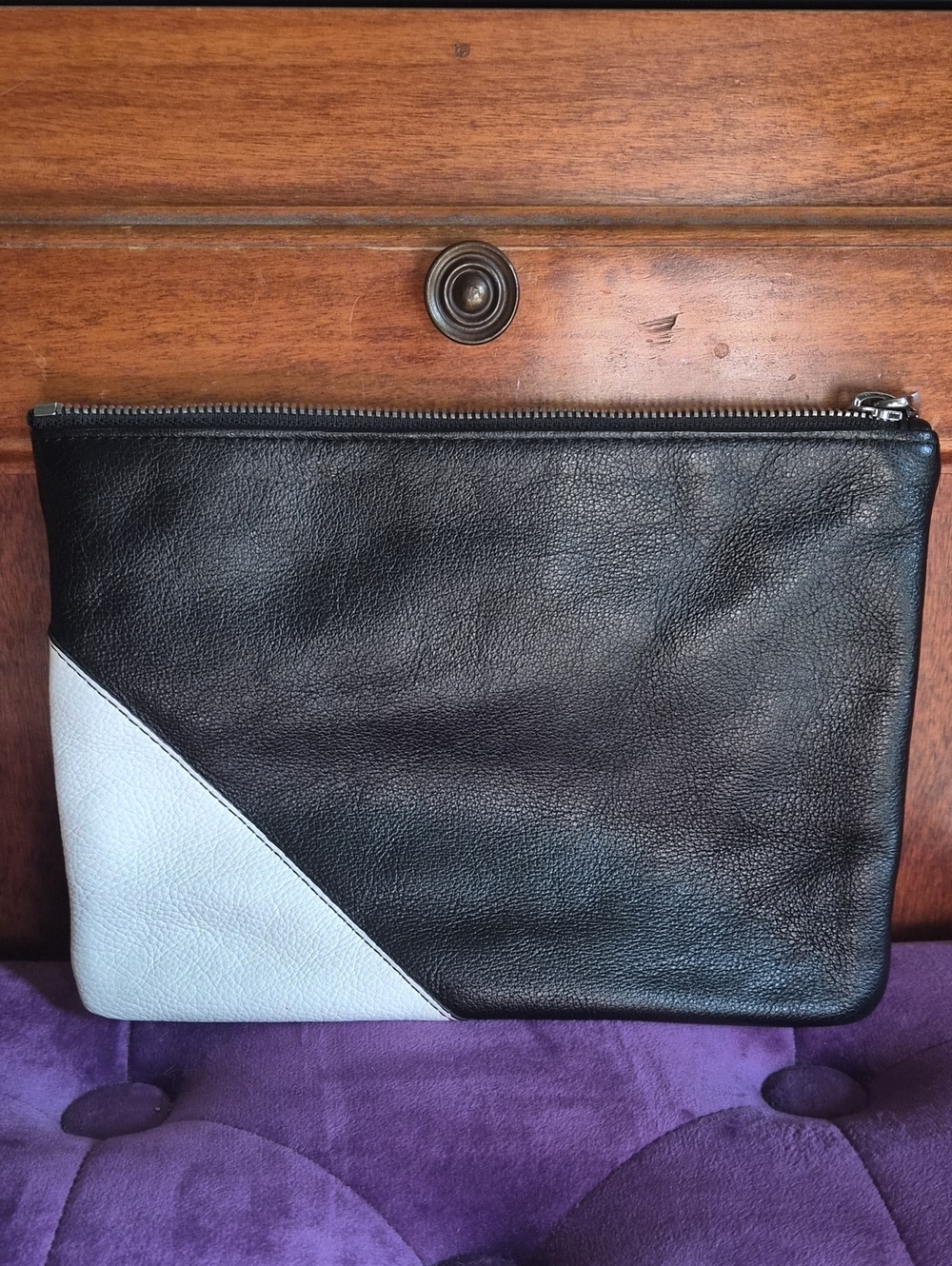 J. Crew Black and White Leather Zip Pouch